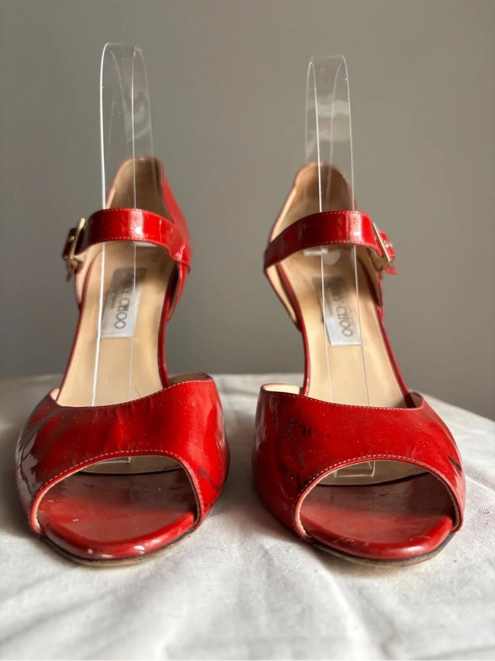 Jimmy Choo Peep Toe Stiletto Heels Red Patent Leather Mary Jane EU 41 US 10